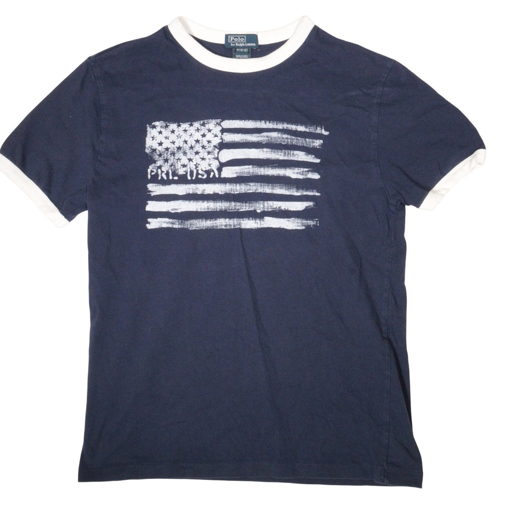 Polo Ralph Lauren T-Shirt USA Flag Americana Ringer Navy Cotton Kids M 10-12